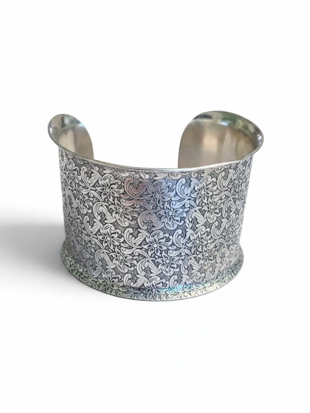 Solid 925 Sterling Silver Wide Anticlastic Floral Scrollwork Cuff Bracelet - 52g